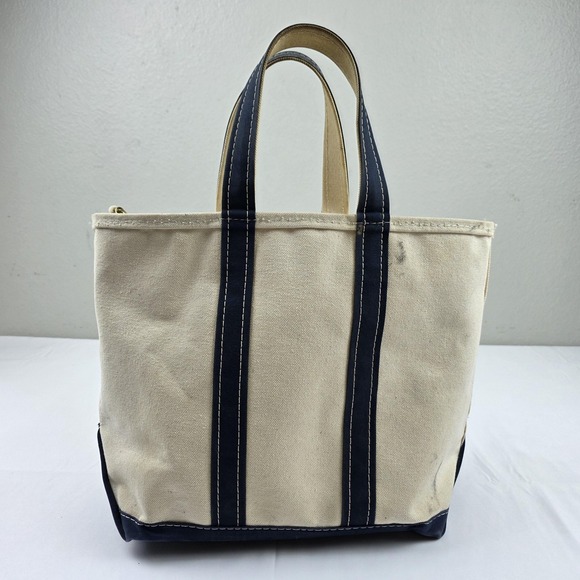 L.L. Bean Handbags - L.L. Bean Boat And Tote Bag Womens Small Beige Blue Canvas Zip Top Beach Casual